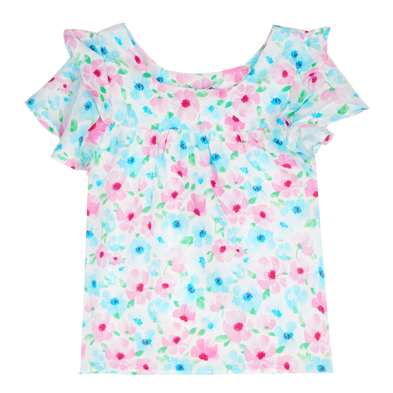 Блуза с къс ръкав с къдрички, розови и сини цветя  382680