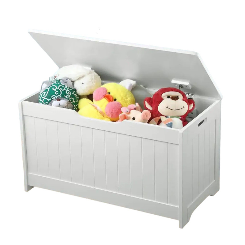 Детска ракла за съхранение на играчки и книжки, кутия с плавно затварящ се капак, 2 в 1 скрин и дървена пейка - WHITE  382994