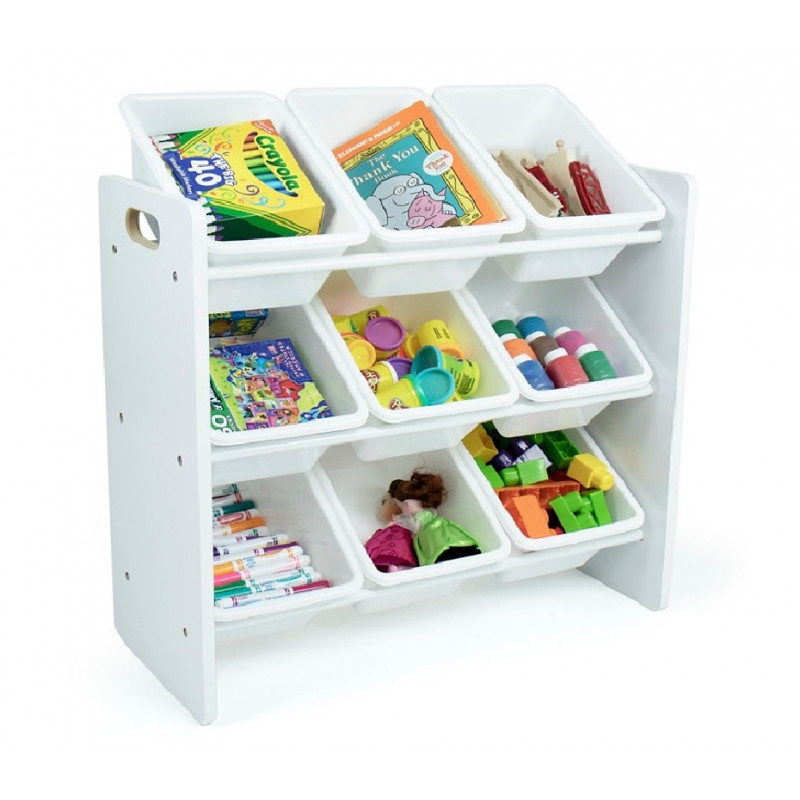 Етажерка с 9 кутии за съхранение, органайзер за играчки и книжки от дърво - WHITE  383008