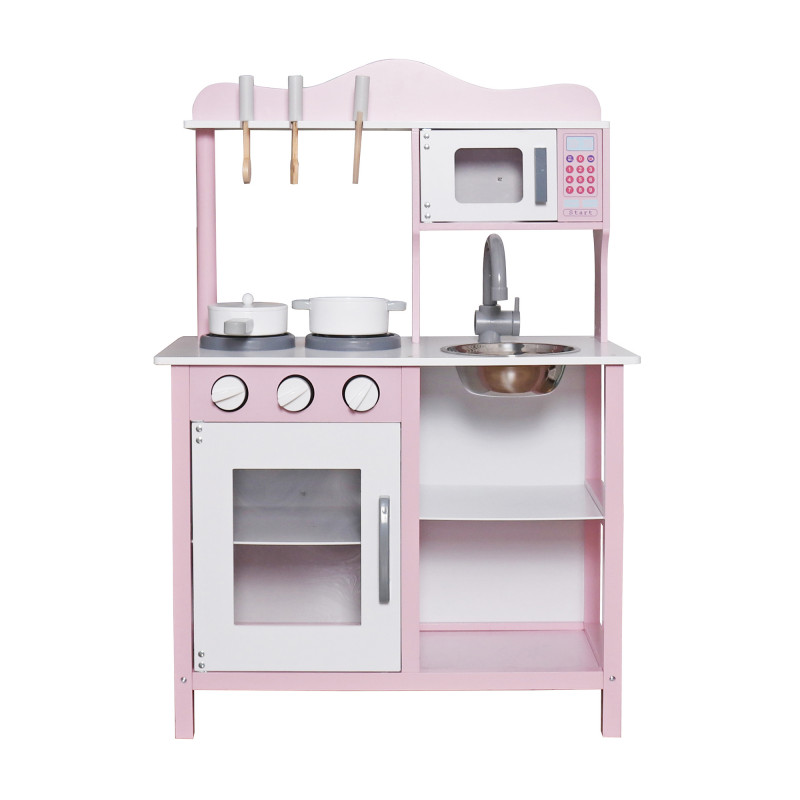 Детска дървена кухня за игра с аксесоари, розова  383178