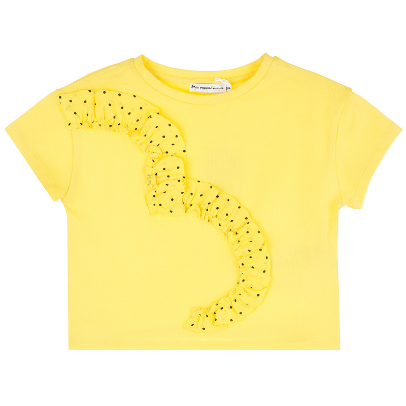 Тениска декорирана с дантела на точки, жълта  383415