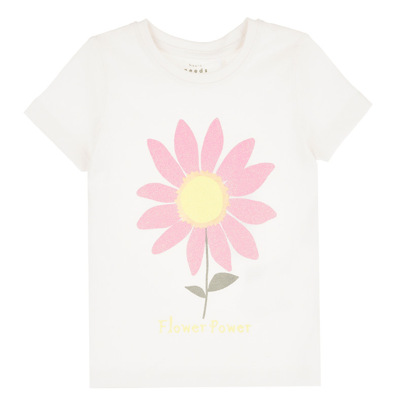 Памучна тениска с щампа цвете, бяла  383431