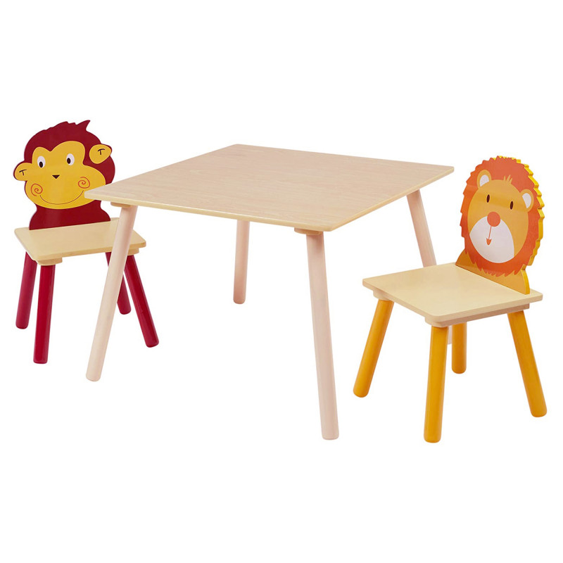 Детска дървена маса с 2 столчета, за учене, игра, хранене - ANIMALS  383544