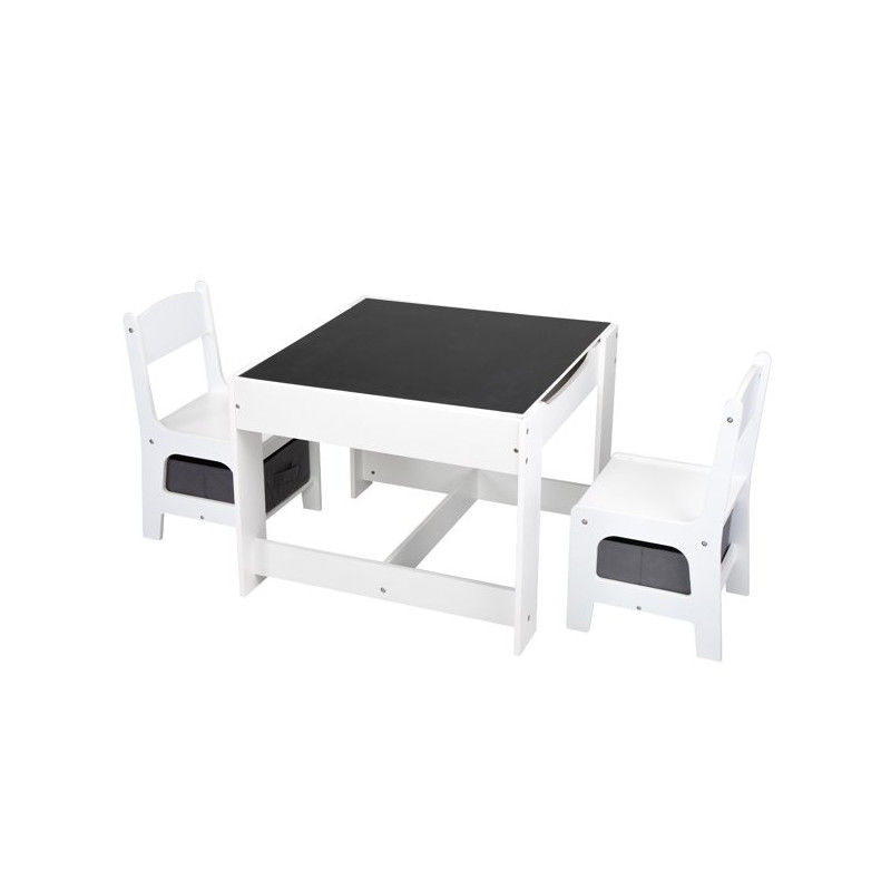 Детска маса с 2 Столчета, двустранна - за игра, учене и хранене - WHITE  383629