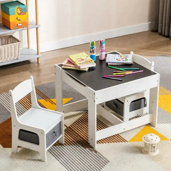 Детска маса с 2 Столчета, двустранна - за игра, учене и хранене - WHITE Ginger Home 383640 12