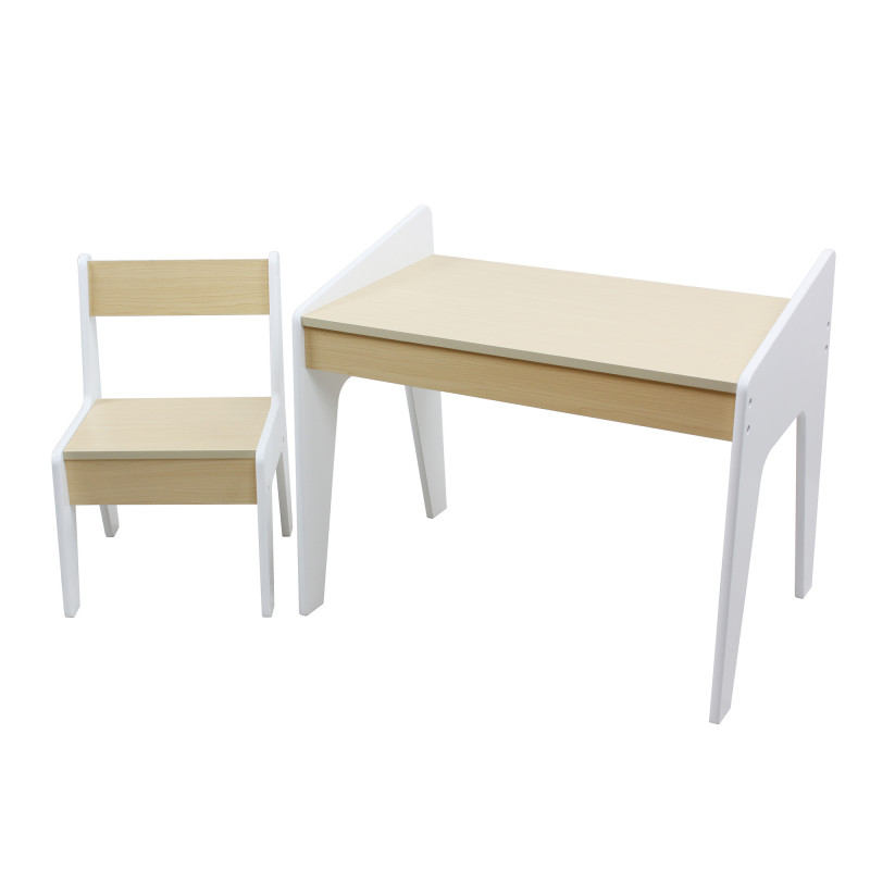 Детска учебна маса и столче - Натурално Дърво и Бяло  383642