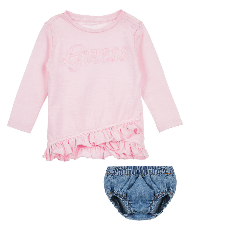 Розова туника с надпис Guess и дънкови шорти за бебе  384044