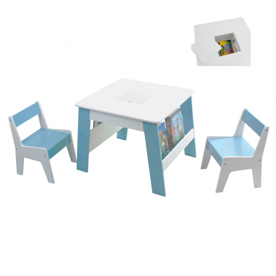 Детска дървена маса с 2 столчета, контейнер за играчки и конструктори бяло и синьо Ginger Home 384156 
