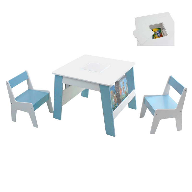 Детска дървена маса с 2 столчета, контейнер за играчки и конструктори бяло и синьо  384156