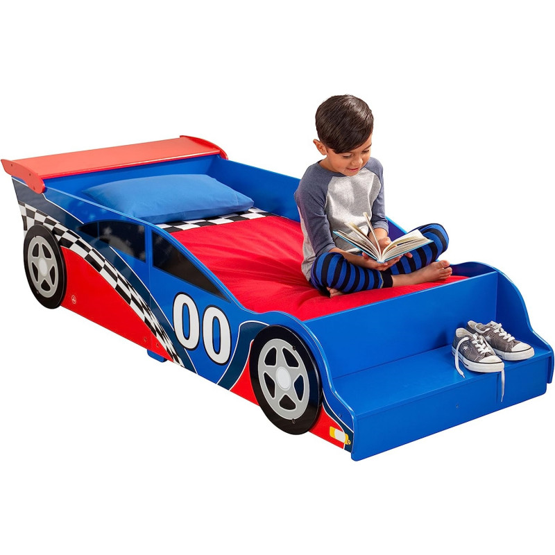 Дървено детско легло кола, с вградено стъпало и рамка за безопасност - RACE  384244