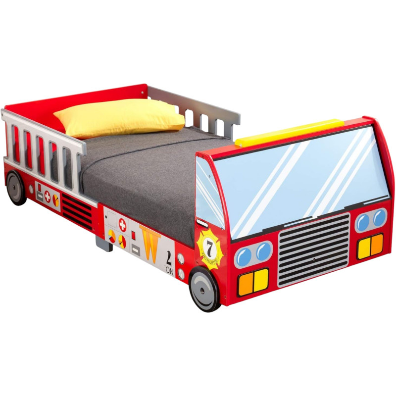 Дървено детско легло - пожарна кола с рамка за безопасност - FIRE  384279