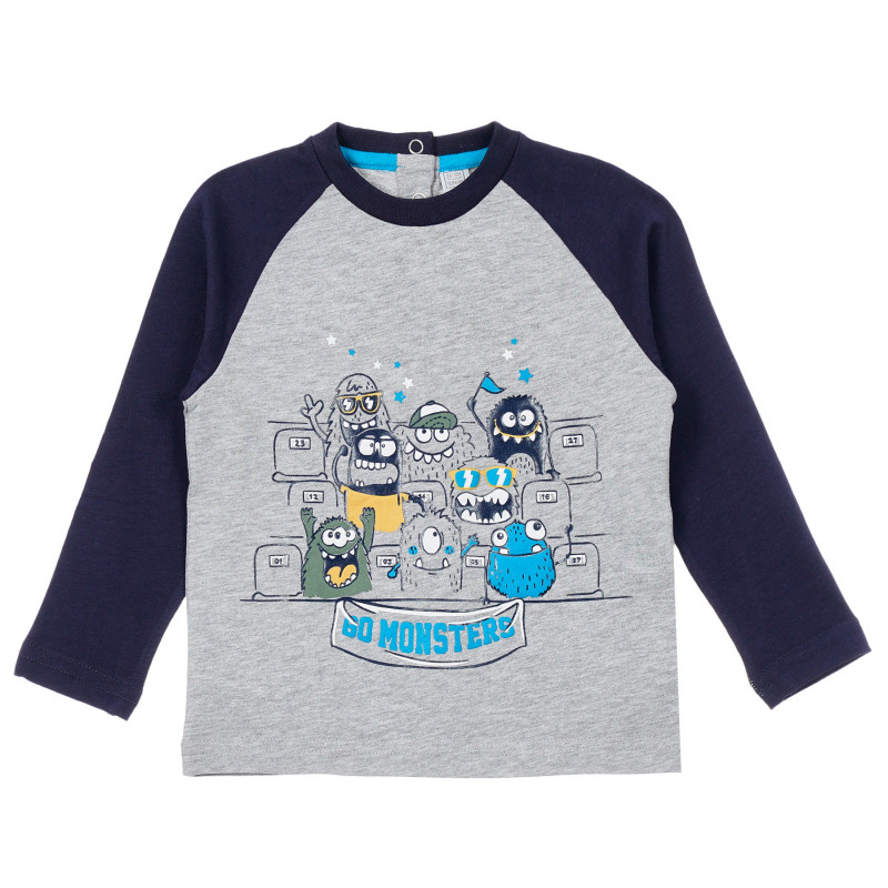 Памучна блуза с щампа на чудовища за бебе, сива  385422