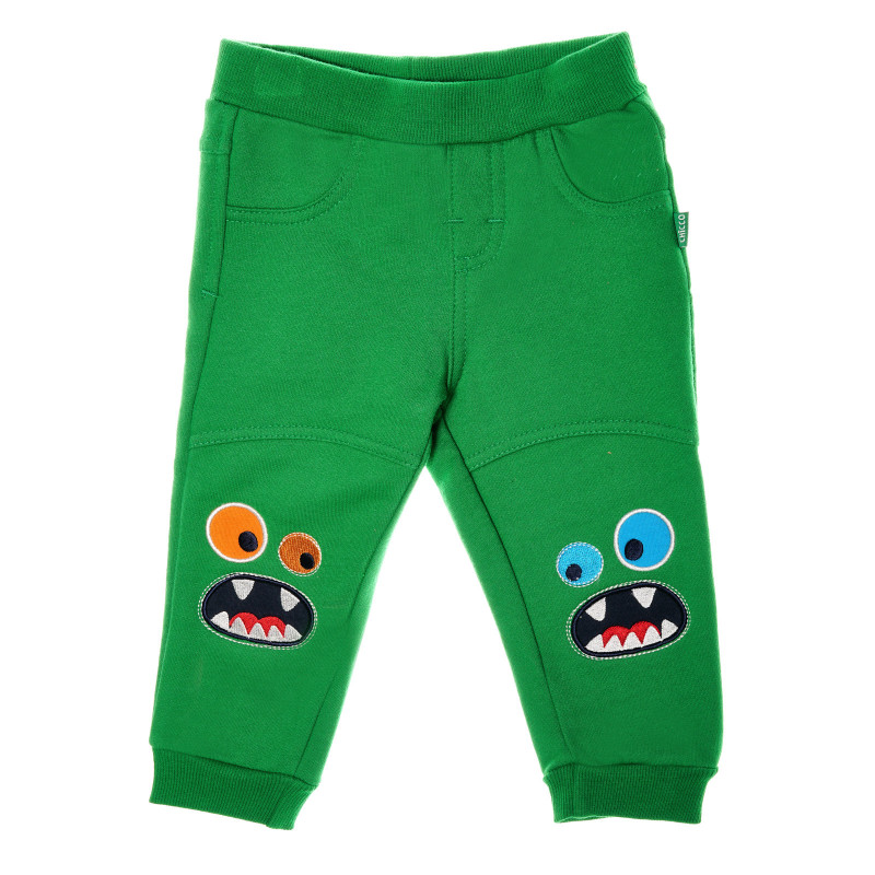 Памучен панталон с весела бродерия за момче зелен  39065