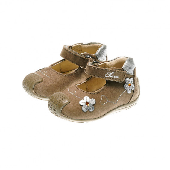 Кожени обувки за бебе момиче със сребристи цветя Chicco 39929 