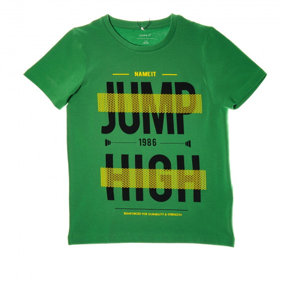 Тениска Jump High от органичен памук  за момче с жълт мотив, зелена Name it 40410 