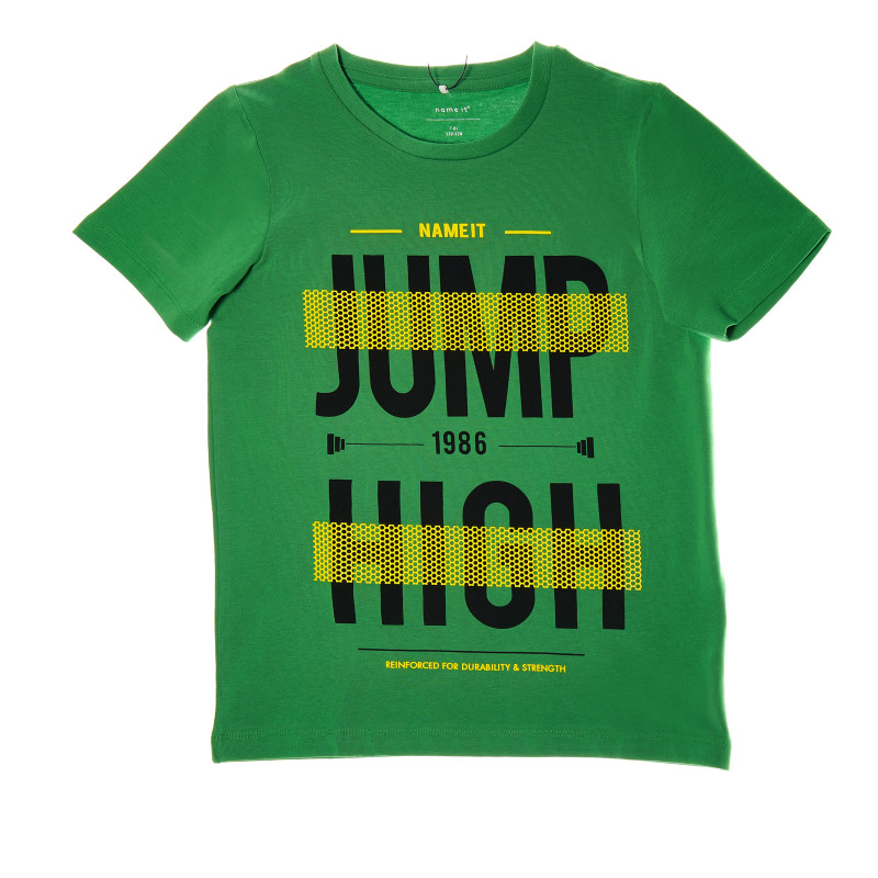 Тениска Jump High от органичен памук  за момче с жълт мотив, зелена  40410
