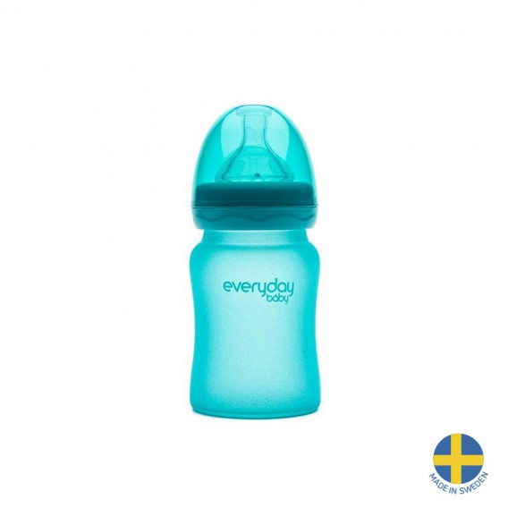 Стъклено шише с променящ се цвят при горещина, с биберон 1 капка, 0-3 месеца, 150 мл, цвят: син Everyday baby 40964 