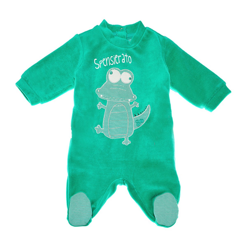 Плюшен гащеризон с дълъг ръкав и апликация гущер за бебе, зелен  42427