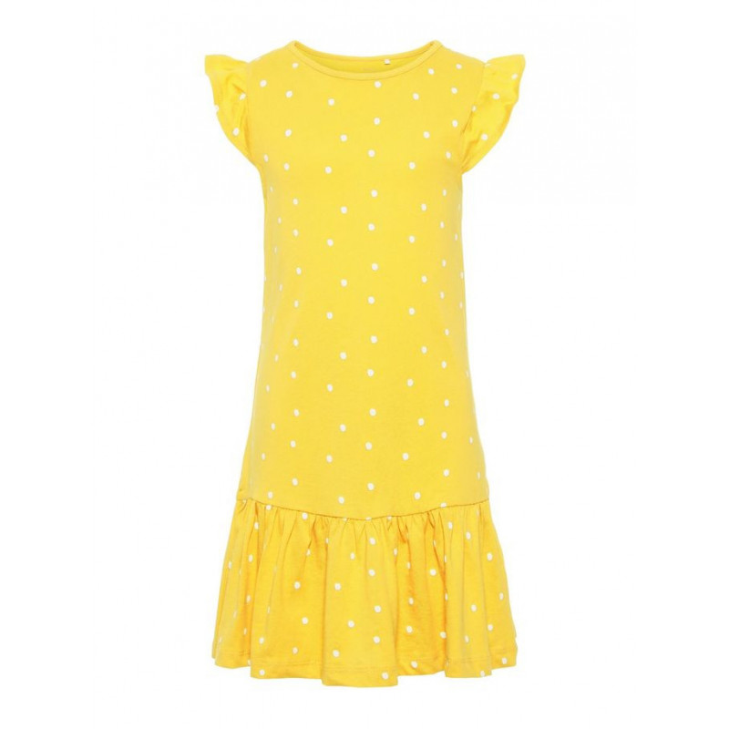 Памучна рокля с къс ръкав на точки за момиче жълта  42738