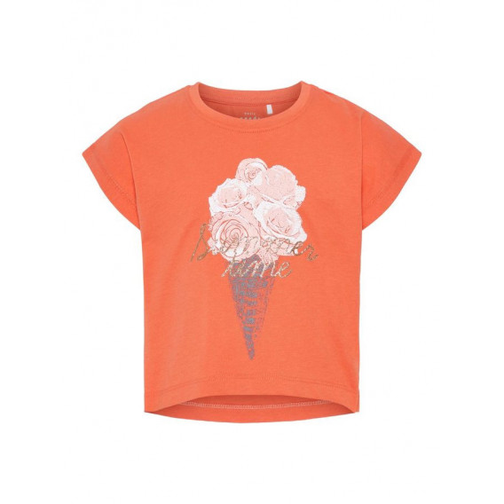 Памучна тениска в оранжев цвят  с картинка сладолед и къс ръкав за момиче Name it 42795 