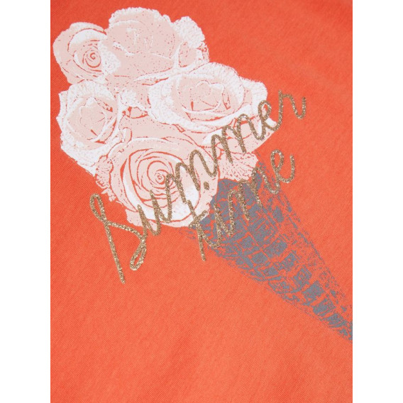 Памучна тениска в оранжев цвят  с картинка сладолед и къс ръкав за момиче Name it 42797 3