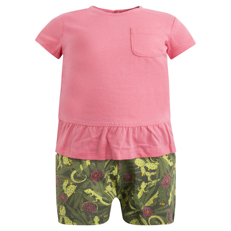 Canada House комплект от памучни розова блуза с къс ръкав и шарени къси панталони с ластик за момиче  46089