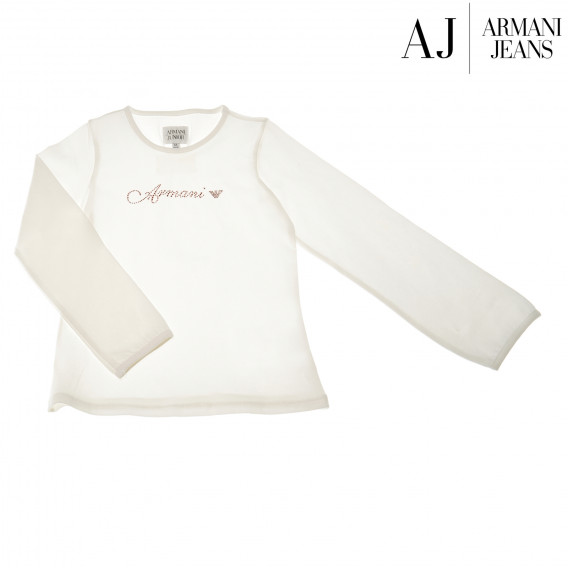 Armani памучна бяла блуза с камъни и дълъг ръкав за момиче Armani 50554 