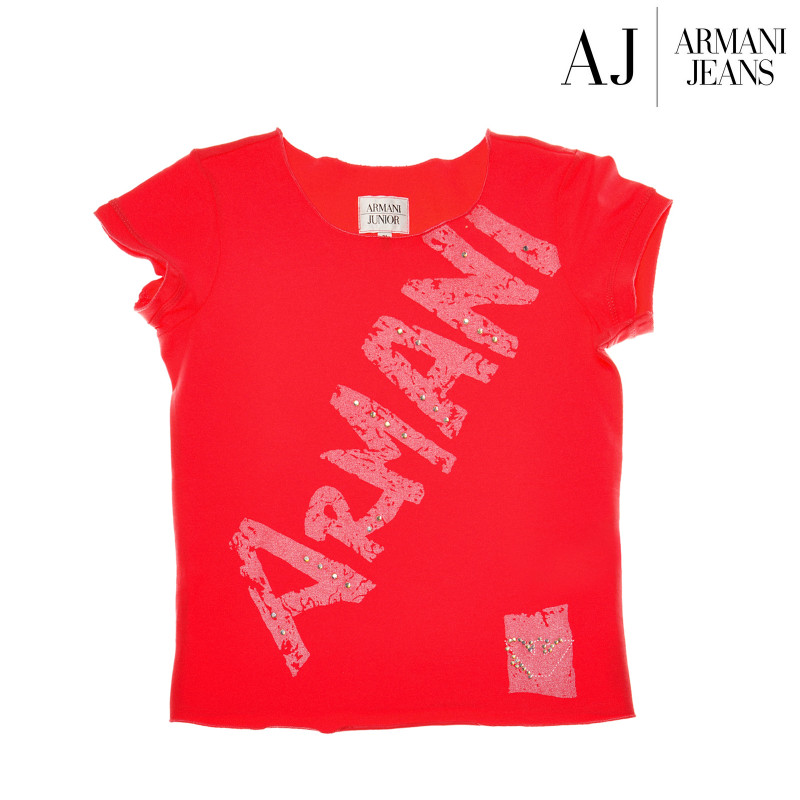 Памучна тениска с щампа на бранда Armani и къс ръкав за момиче  50592