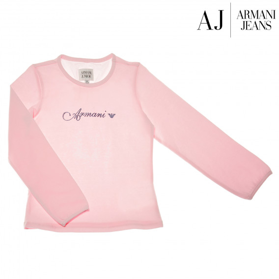 Памучна блуза с дълъг ръкав за момиче в розово с лого на марката с камъни Armani 50606 