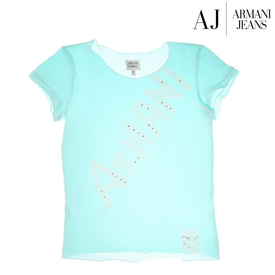 Памучна синя тениска с лого и пайети за момиче Armani 50692 