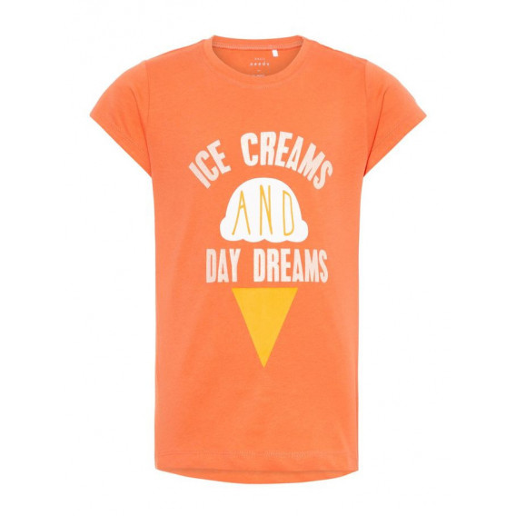 Памучна оранжева блуза с надпис ICE CREAM с къс ръкав за момиче Name it 50754 