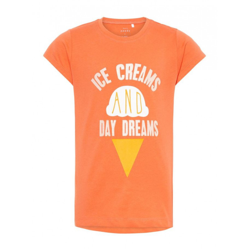 Памучна оранжева блуза с надпис ICE CREAM с къс ръкав за момиче  50754