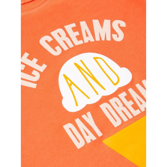 Памучна оранжева блуза с надпис ICE CREAM с къс ръкав за момиче Name it 50756 3