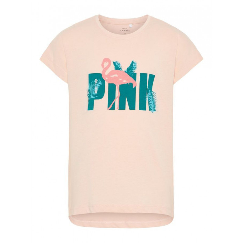 Памучна розова блуза с къс ръкав и принт фламинго за момиче  50773