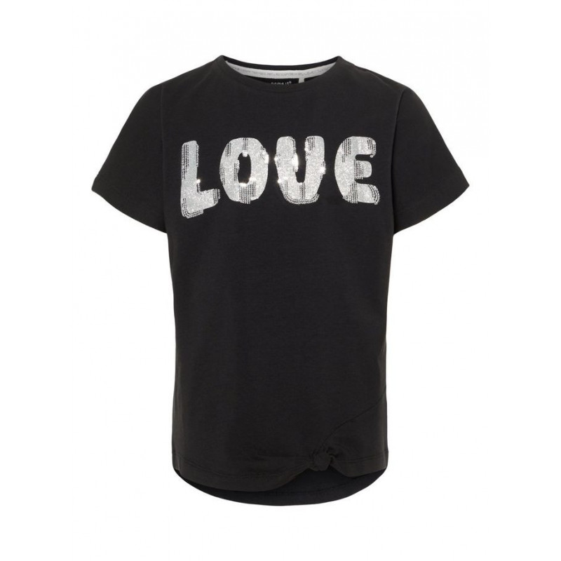 Блуза с къс ръкав от органичен памук в черно с надпис LOVE за момиче  50916