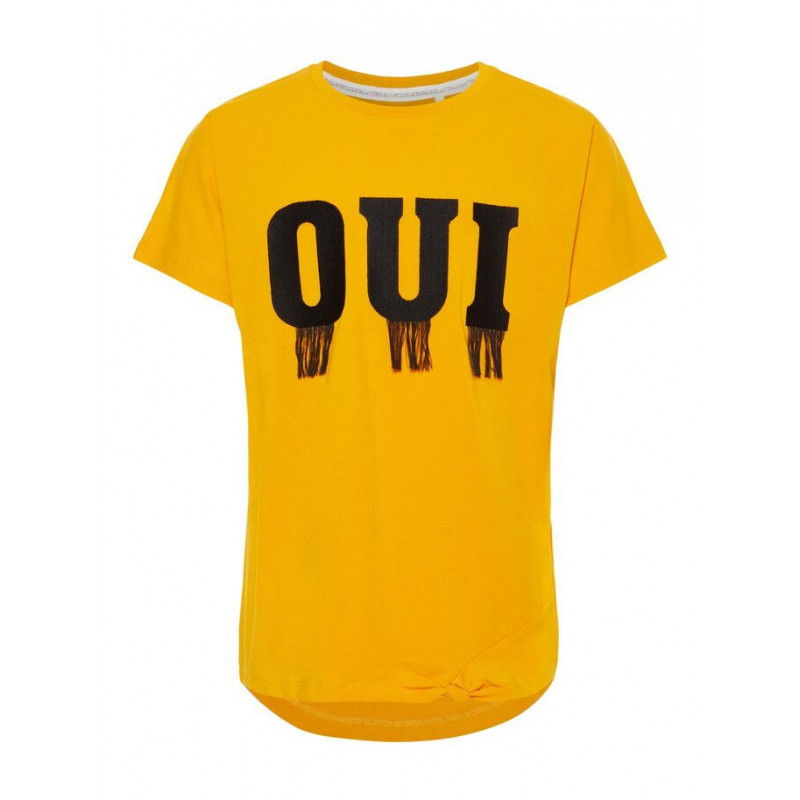 Блуза с къс ръкав от органичен памук в жълто с надпис OUI за момиче   50919