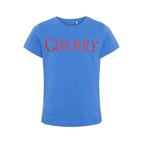 Синя памучна блуза надпис CHERRY за момиче Name it 54264 