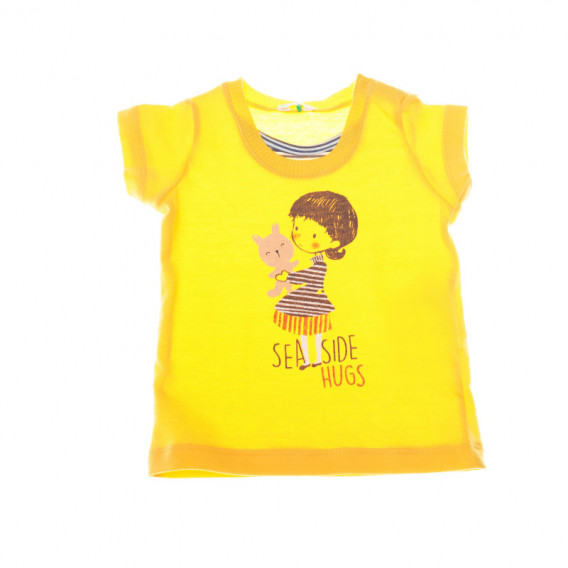 Памучна жълта блуза с къс ръкав за бебе с цветен принт за момиче Benetton 57897 