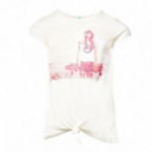 Памучна бяла тениска с цветен принт за момиче Benetton 58023 
