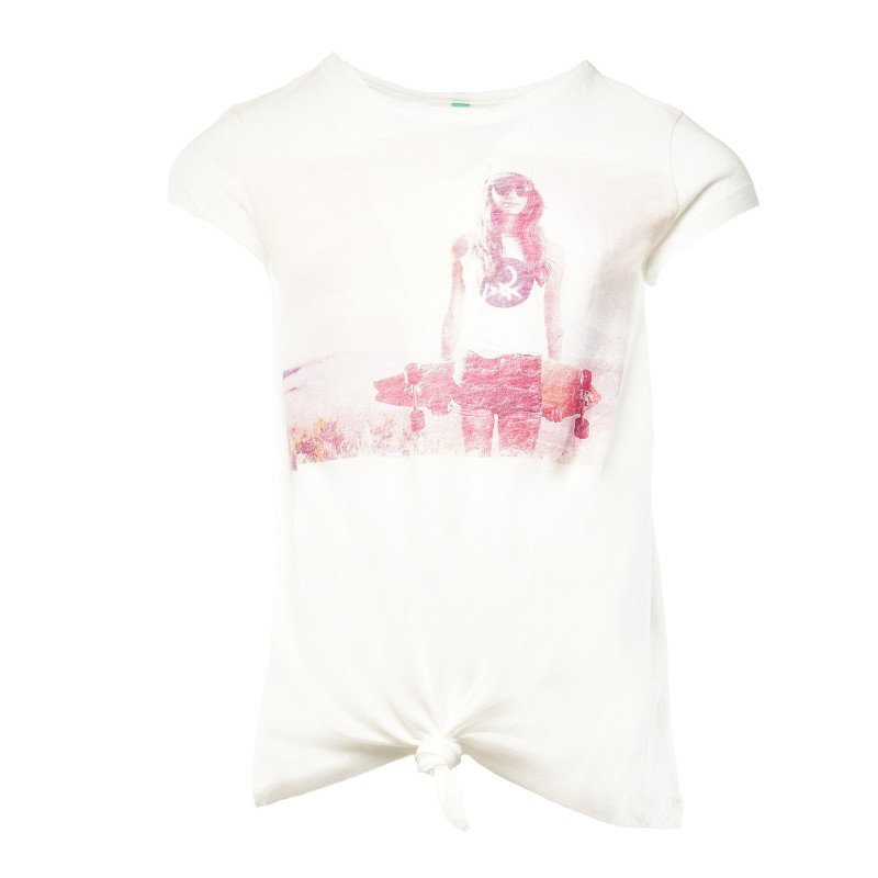 Памучна бяла тениска с цветен принт за момиче  58023