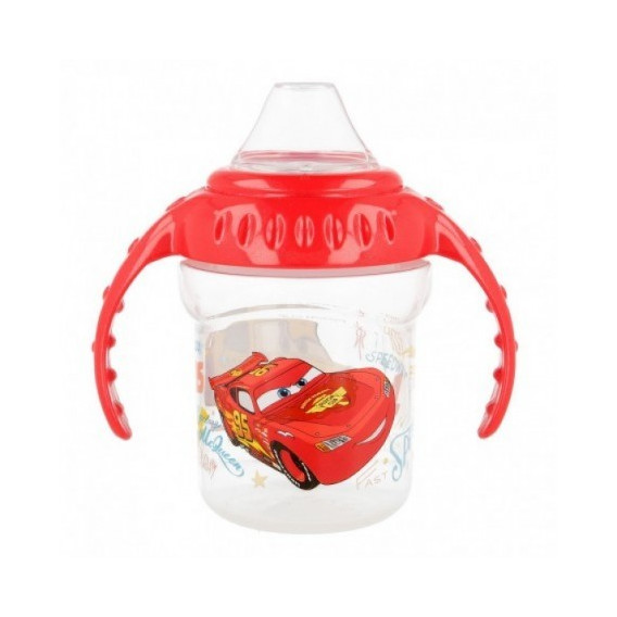 Чаша за малки деца с две дръжки в червено и силиконов накрайник за пиене с картинка cars Stor 60231 2