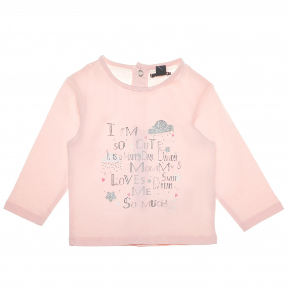 Розова блуза с дълъг ръкав и надпис с блестящ сребрист брокатза бебе момиче KIABI 61734 