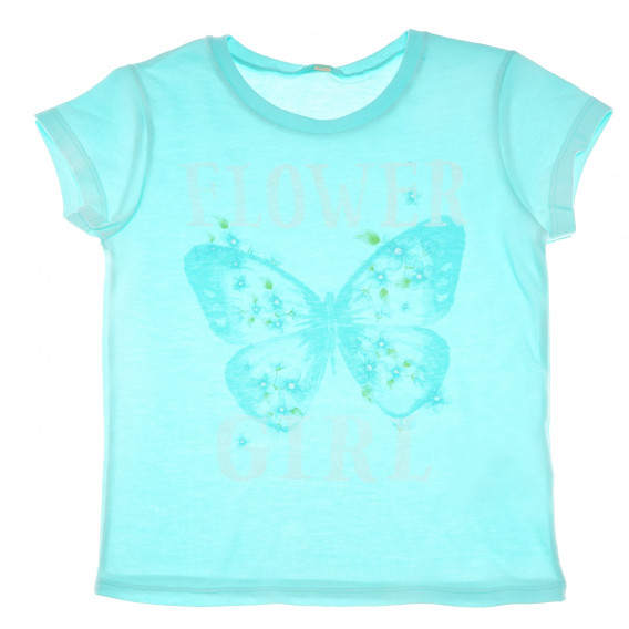 Синя памучна тениска за момиче с пеперуда Benetton 62043 