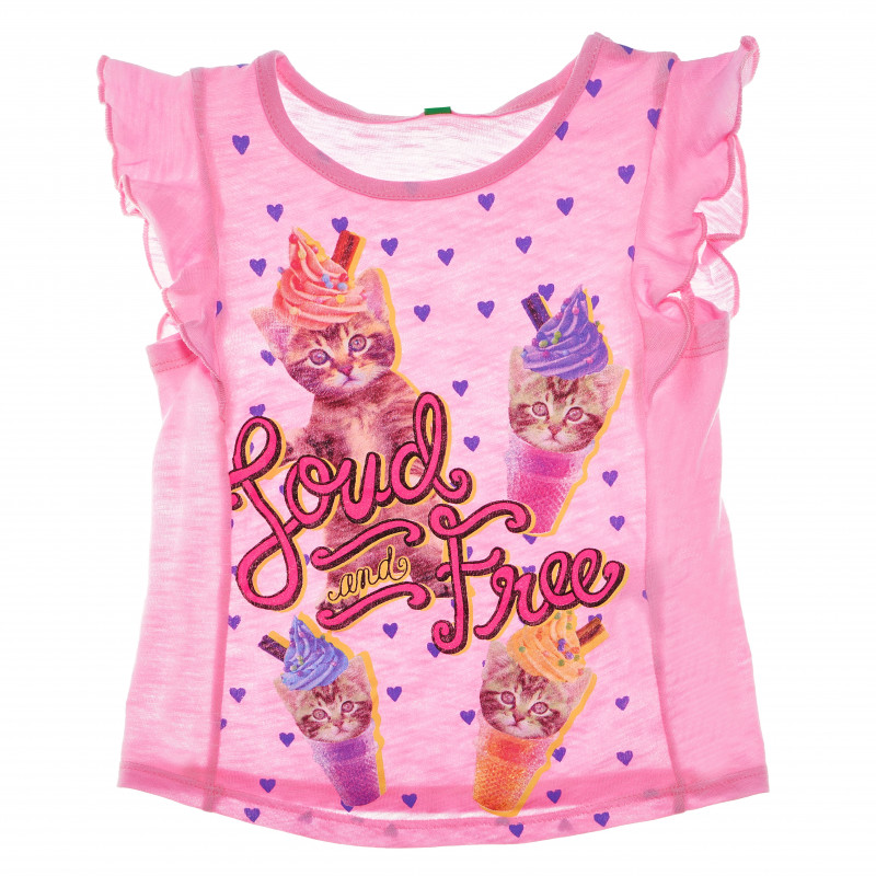 Памучна блуза с къс ръкав и анимация на коте за бебе момиче  62146