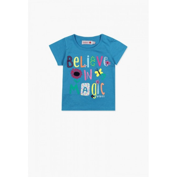 Памучна тениска с цветен надпис за момиче синя Boboli 64731 