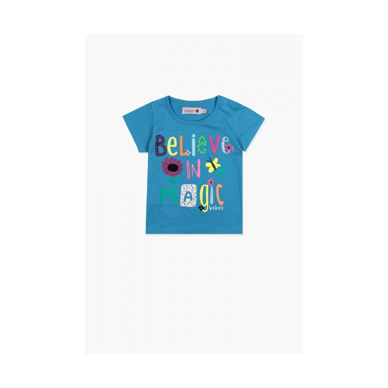 Памучна тениска с цветен надпис за момиче синя  64731