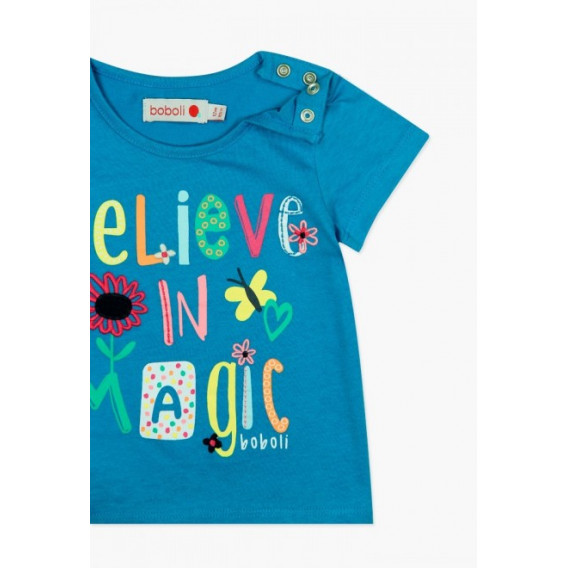 Памучна тениска с цветен надпис за момиче синя Boboli 64733 3