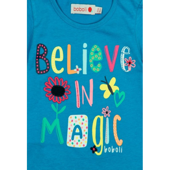 Памучна тениска с цветен надпис за момиче синя Boboli 64734 4
