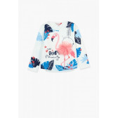 Памучна бяла блуза с дълъг ръкав и принт в синьо и красива апликация на фламинго с 3D част за момиче Boboli 64824 