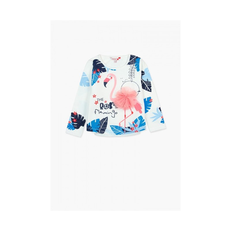 Памучна бяла блуза с дълъг ръкав и принт в синьо и красива апликация на фламинго с 3D част за момиче  64824